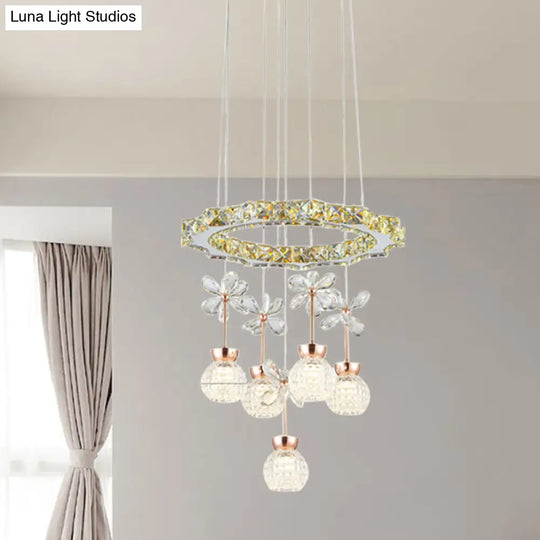 Contemporary Chandelier Pendant Light With Chrome Circle/Gear Design Crystal Dimpled Shade - 1/3/5