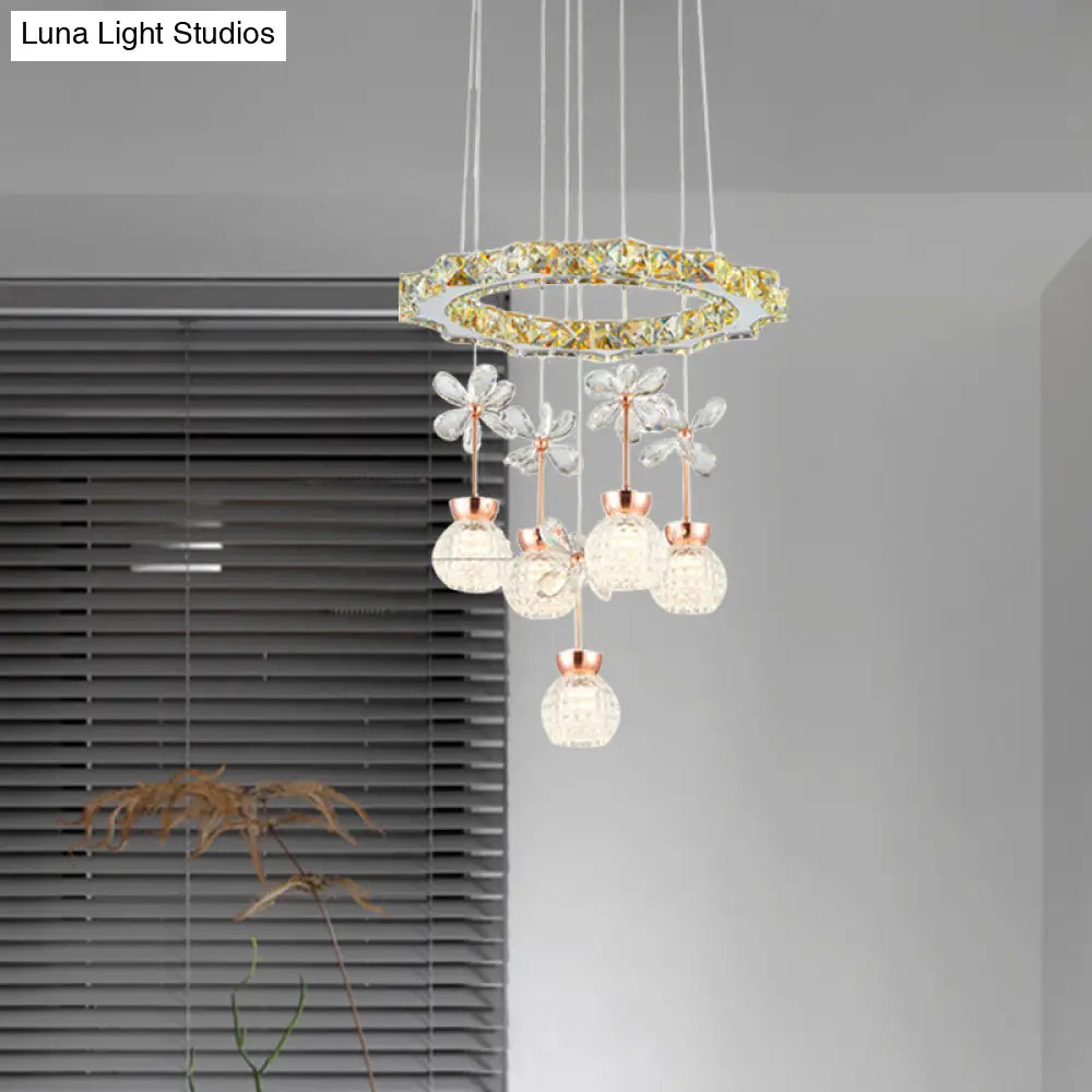 Contemporary Chandelier Pendant Light With Crystal Shade - Modern Chrome Circle/Gear Design (1/3/5