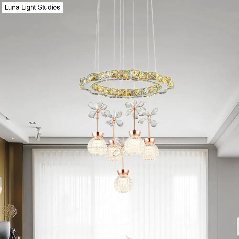 Contemporary Chandelier Pendant Light With Chrome Circle/Gear Design Crystal Dimpled Shade - 1/3/5