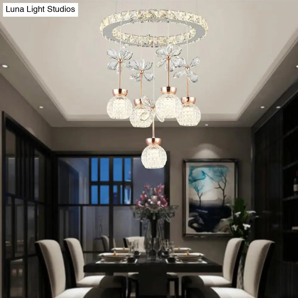 Contemporary Chandelier Pendant Light With Chrome Circle/Gear Design Crystal Dimpled Shade - 1/3/5