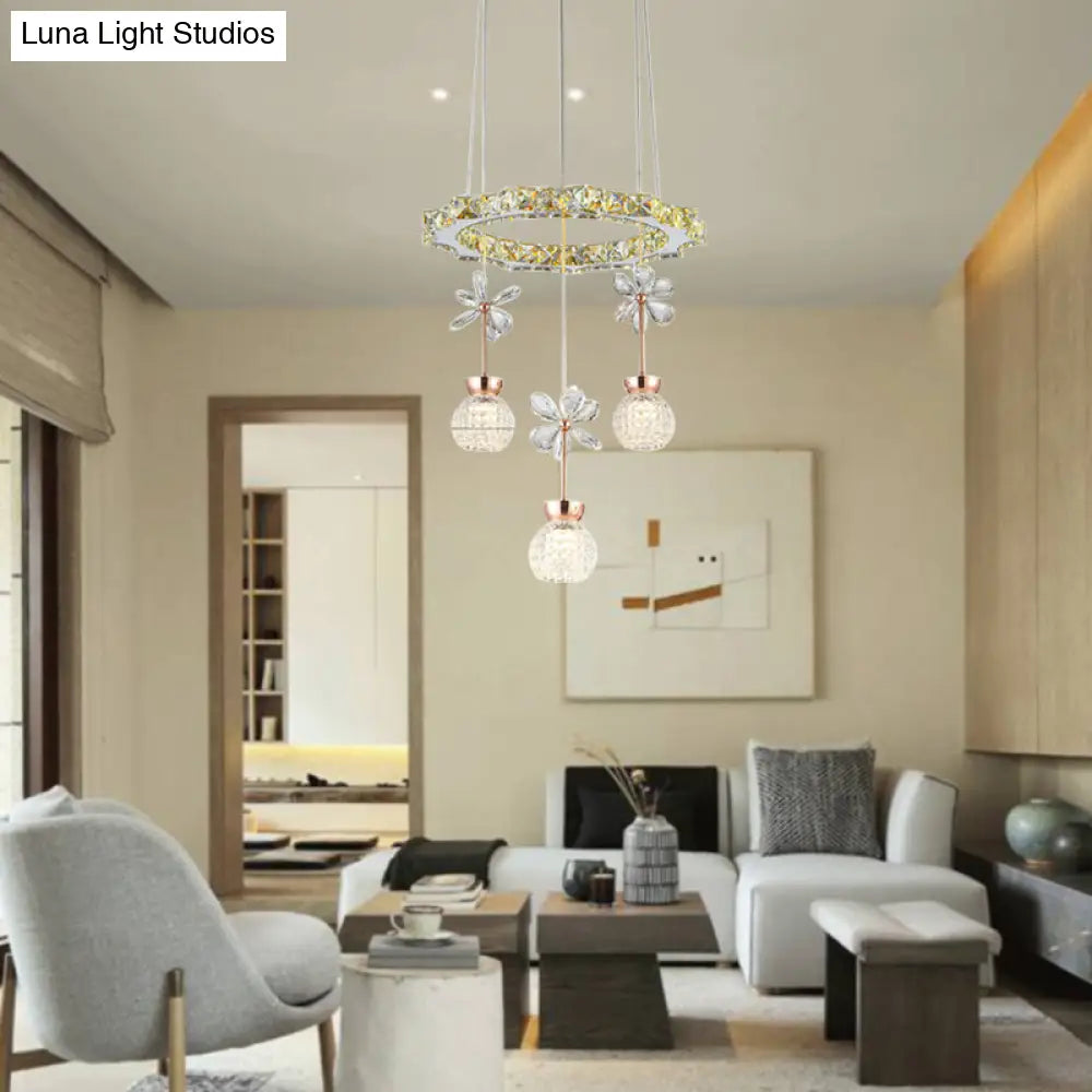 Contemporary Chandelier Pendant Light With Chrome Circle/Gear Design Crystal Dimpled Shade - 1/3/5