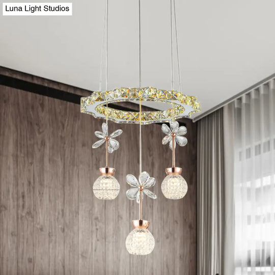 Contemporary Chandelier Pendant Light With Chrome Circle/Gear Design Crystal Dimpled Shade - 1/3/5