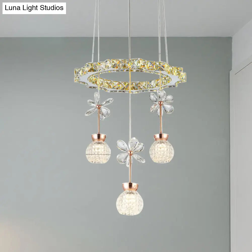 Contemporary Chandelier Pendant Light With Chrome Circle/Gear Design Crystal Dimpled Shade - 1/3/5