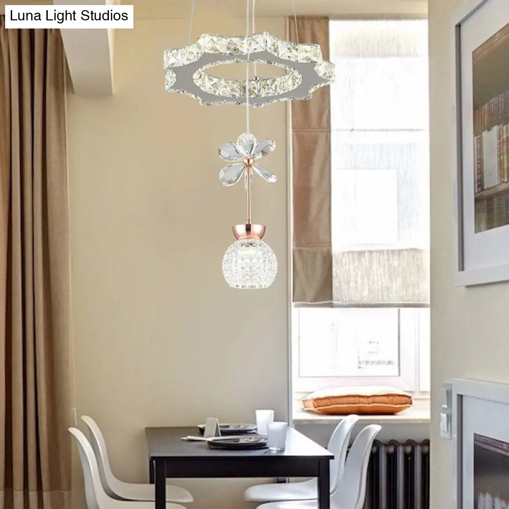 Contemporary Chandelier Pendant Light With Chrome Circle/Gear Design Crystal Dimpled Shade - 1/3/5