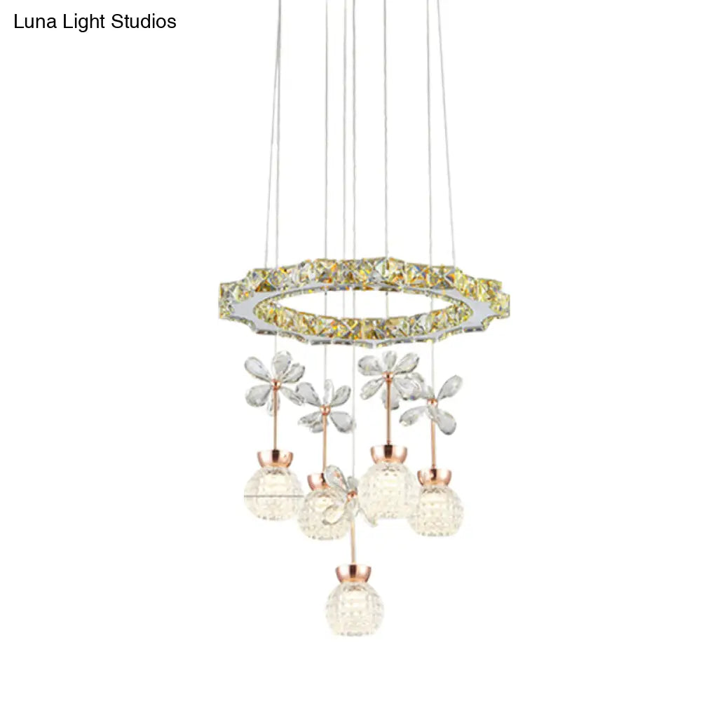 Contemporary Chandelier Pendant Light With Chrome Circle/Gear Design Crystal Dimpled Shade - 1/3/5