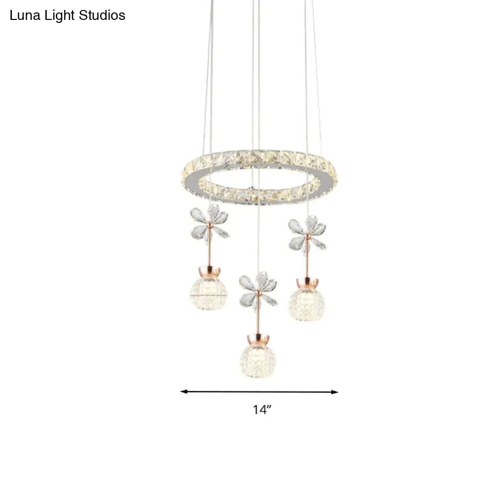 Contemporary Chandelier Pendant Light With Chrome Circle/Gear Design Crystal Dimpled Shade - 1/3/5