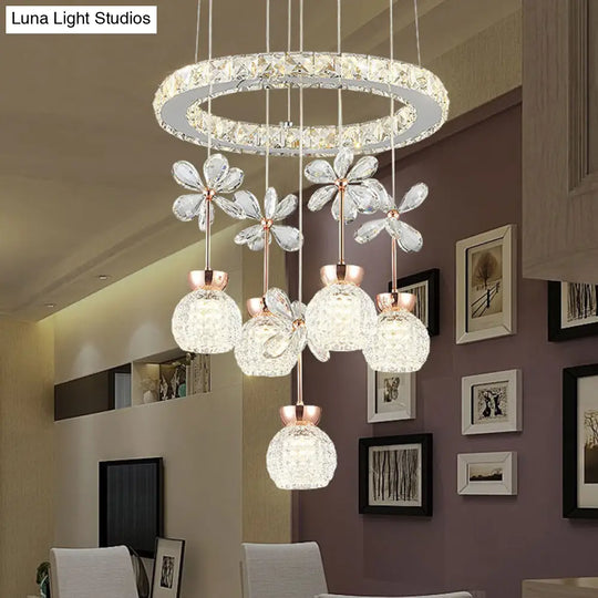 Contemporary Chandelier Pendant Light With Crystal Shade - Modern Chrome Circle/Gear Design (1/3/5