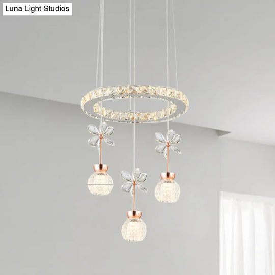 Contemporary Chandelier Pendant Light With Chrome Circle/Gear Design Crystal Dimpled Shade - 1/3/5