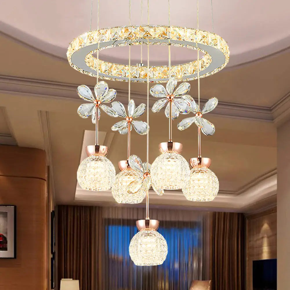 Contemporary Chandelier Pendant Light With Crystal Shade - Modern Chrome Circle/Gear Design (1/3/5