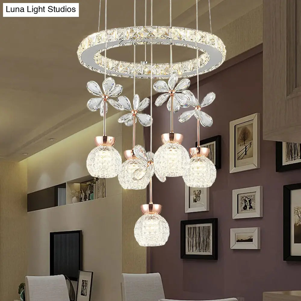 Contemporary Chandelier Pendant Light With Chrome Circle/Gear Design Crystal Dimpled Shade - 1/3/5