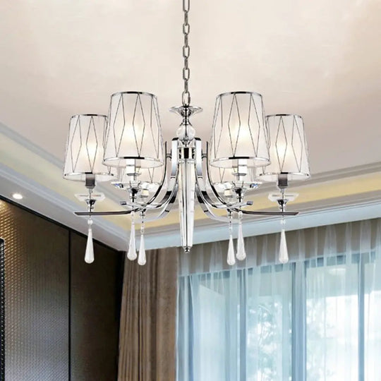 Contemporary Chrome Chandelier: Cone Pendant Light With Crystal Draping - 6 Lights