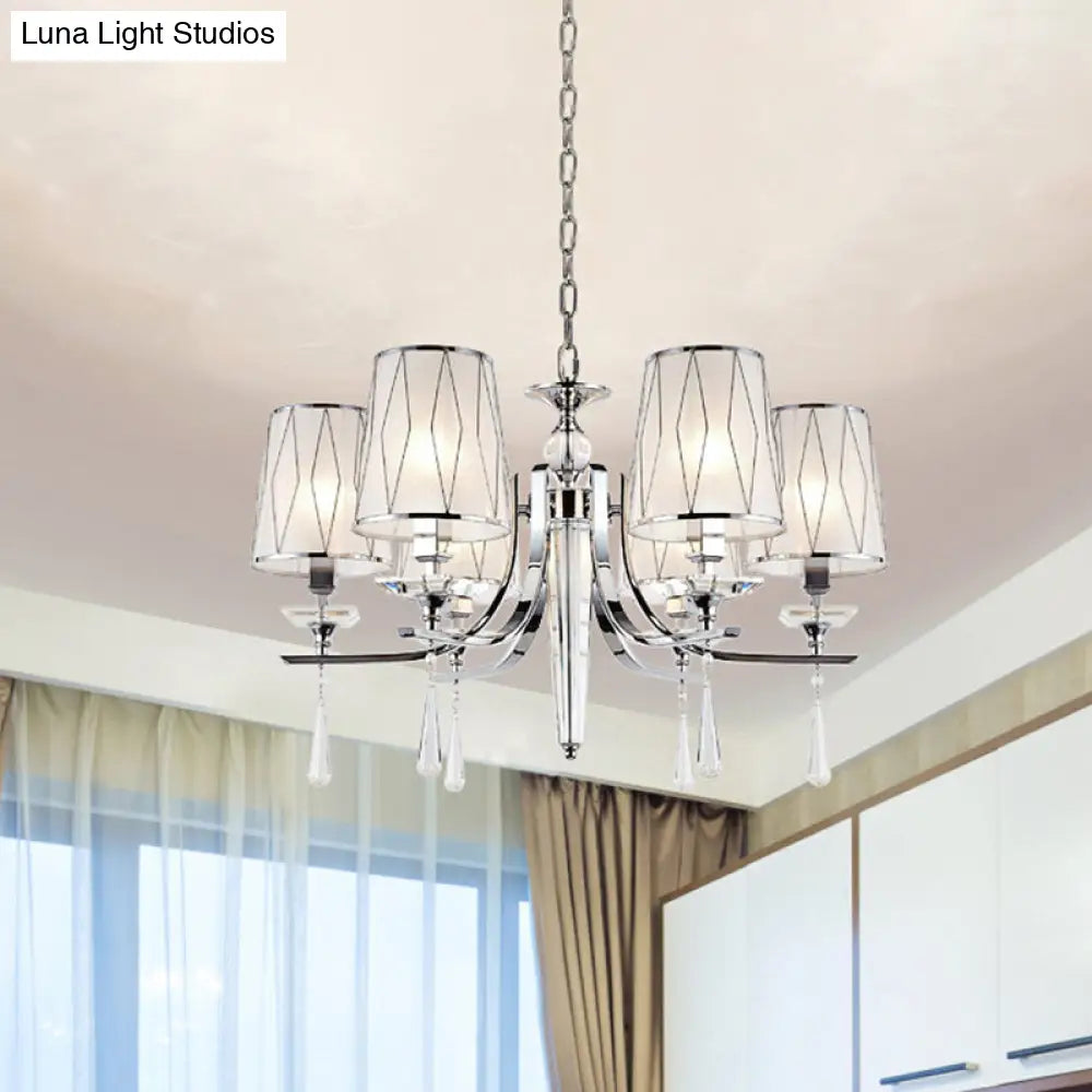 Contemporary Chrome Chandelier: Cone Pendant Light With Crystal Draping - 6 Lights