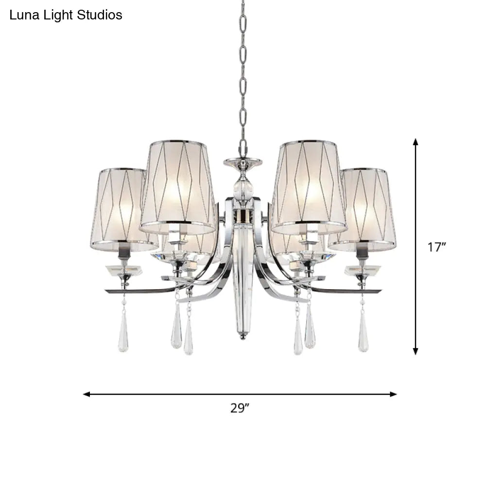 Contemporary Chrome Chandelier: Cone Pendant Light With Crystal Draping - 6 Lights