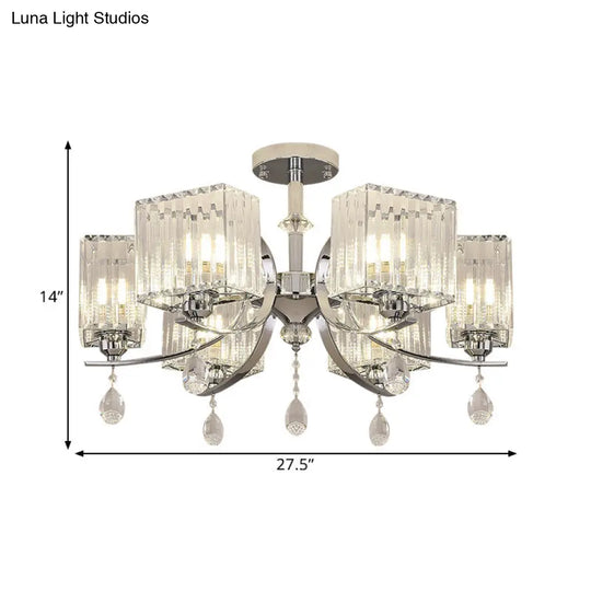 Contemporary Chrome Crystal Cuboid Ceiling Mount Chandelier - 3/6-Head Semi Flush Light