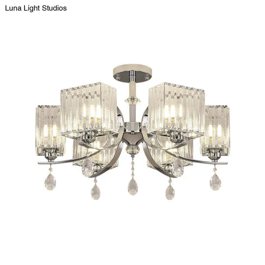 Contemporary Chrome Crystal Cuboid Ceiling Mount Chandelier - 3/6-Head Semi Flush Light