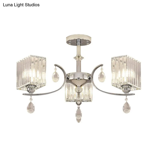 Contemporary Chrome Crystal Cuboid Ceiling Mount Chandelier - 3/6 - Head Semi Flush Light