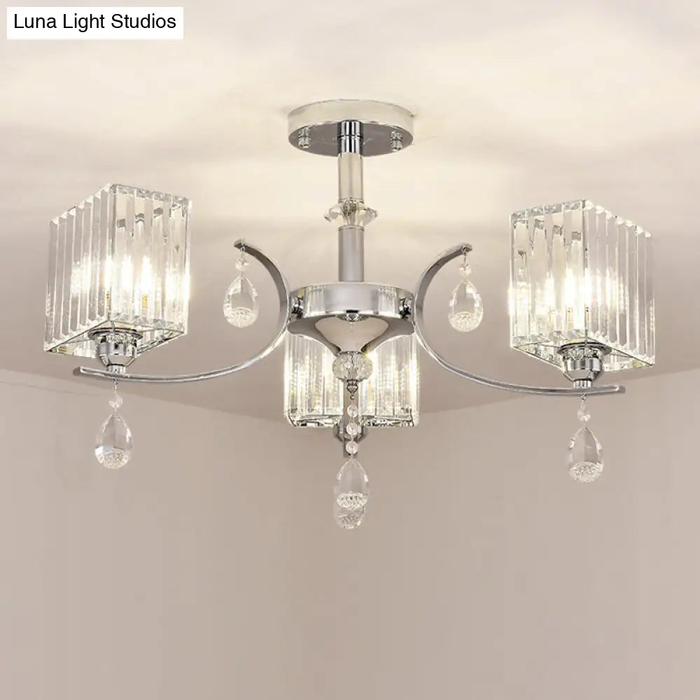 Contemporary Chrome Crystal Cuboid Ceiling Mount Chandelier - 3/6-Head Semi Flush Light 3 /