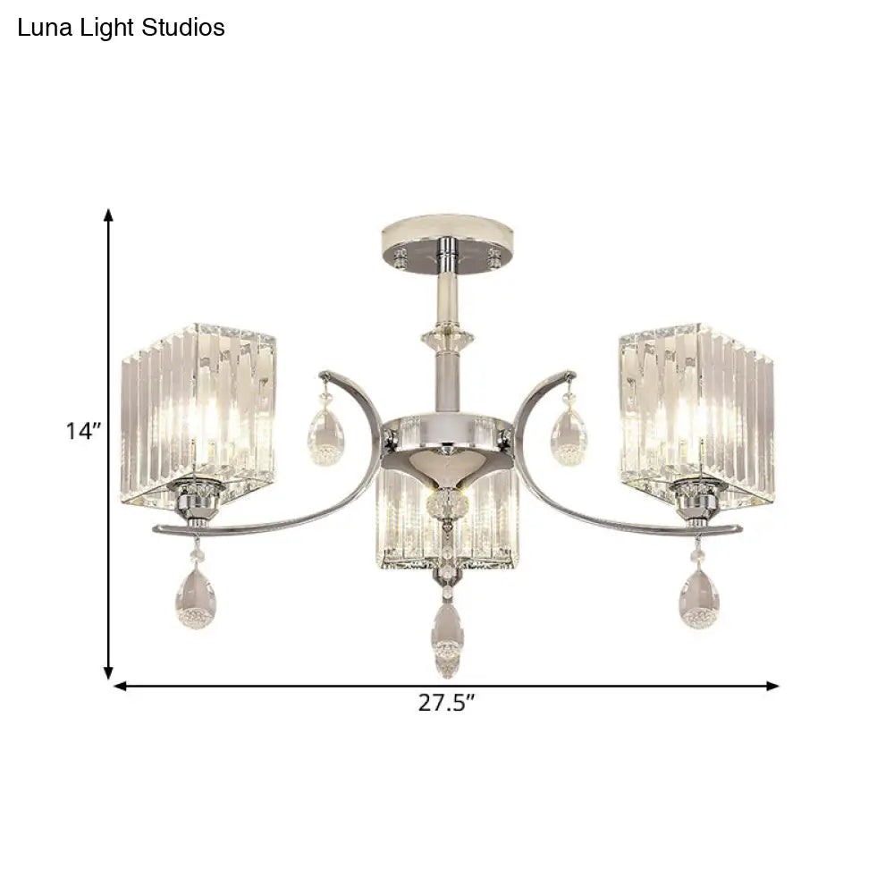 Contemporary Chrome Crystal Cuboid Ceiling Mount Chandelier - 3/6-Head Semi Flush Light