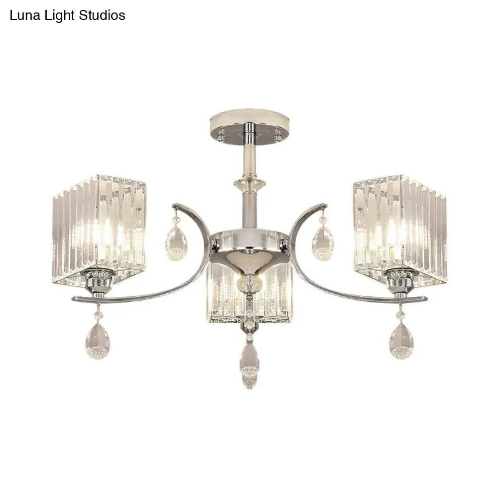 Contemporary Chrome Crystal Cuboid Ceiling Mount Chandelier - 3/6-Head Semi Flush Light