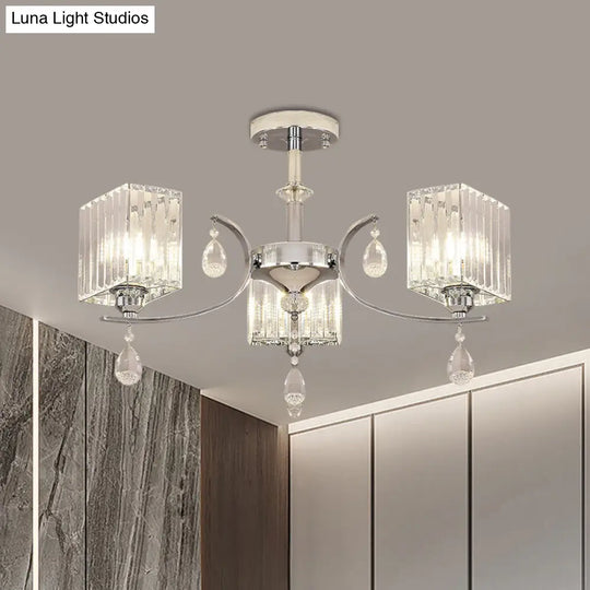 Contemporary Chrome Crystal Cuboid Ceiling Mount Chandelier - 3/6-Head Semi Flush Light