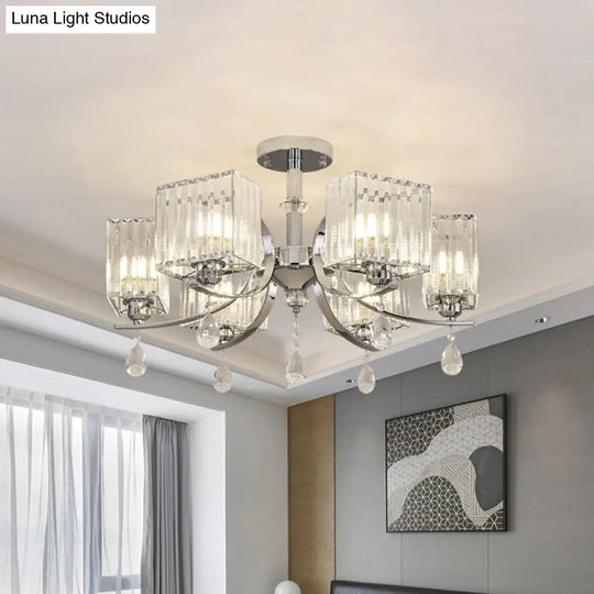 Contemporary Chrome Crystal Cuboid Ceiling Mount Chandelier - 3/6 - Head Semi Flush Light