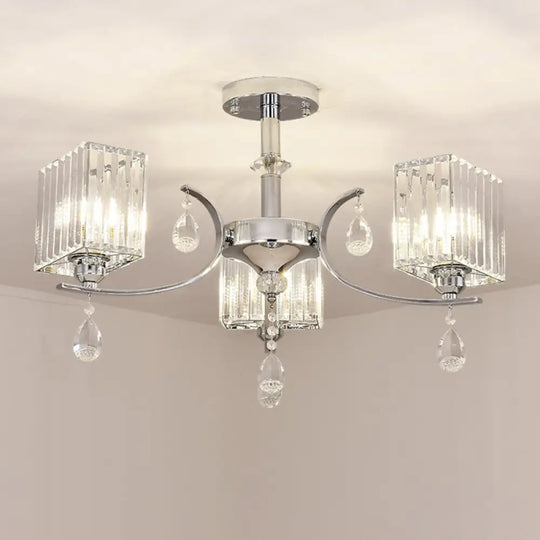 Contemporary Chrome Crystal Cuboid Ceiling Mount Chandelier - 3/6 - Head Semi Flush Light 3 /