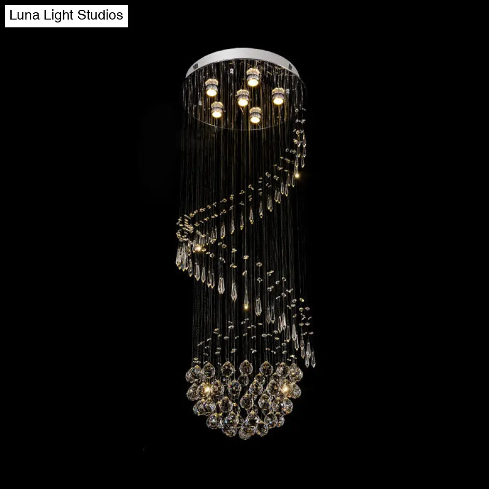Contemporary Chrome Crystal Flushmount Chandelier - 6 Heads Coiled Ceiling Mount Light For Hall