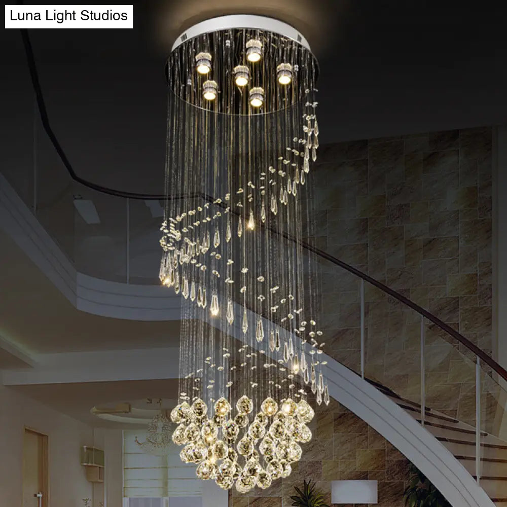 Contemporary Chrome Crystal Flushmount Chandelier - 6 Heads Coiled Ceiling Mount Light For Hall