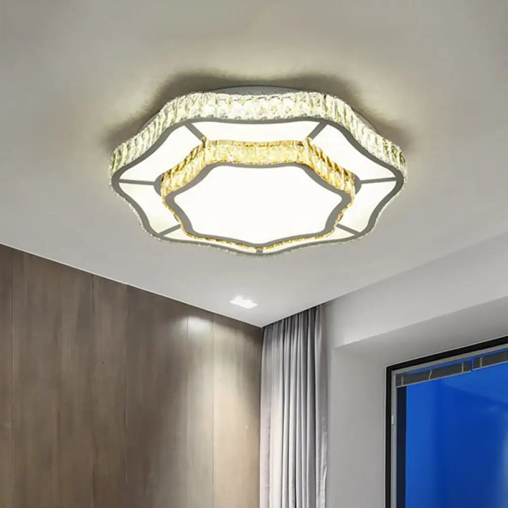 Contemporary Chrome Crystal Led Flush Light With 2 Layers Of Flower Design - Perfect For Living