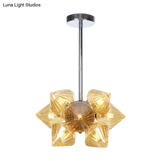 Contemporary Chrome Diamond Chandelier Lamp - 9/12 Bulb Amber Glass Ceiling Fixture