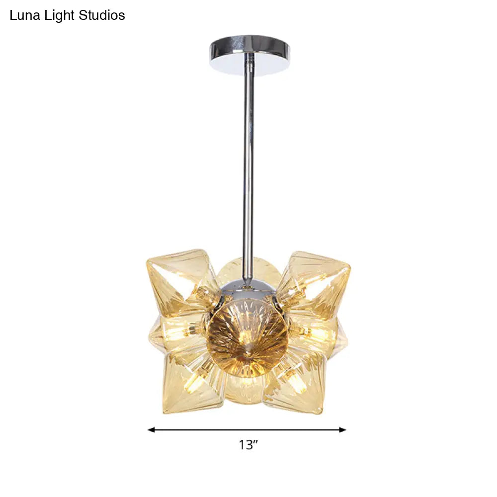 Contemporary Chrome Diamond Chandelier Lamp - 9/12 Bulb Amber Glass Ceiling Fixture