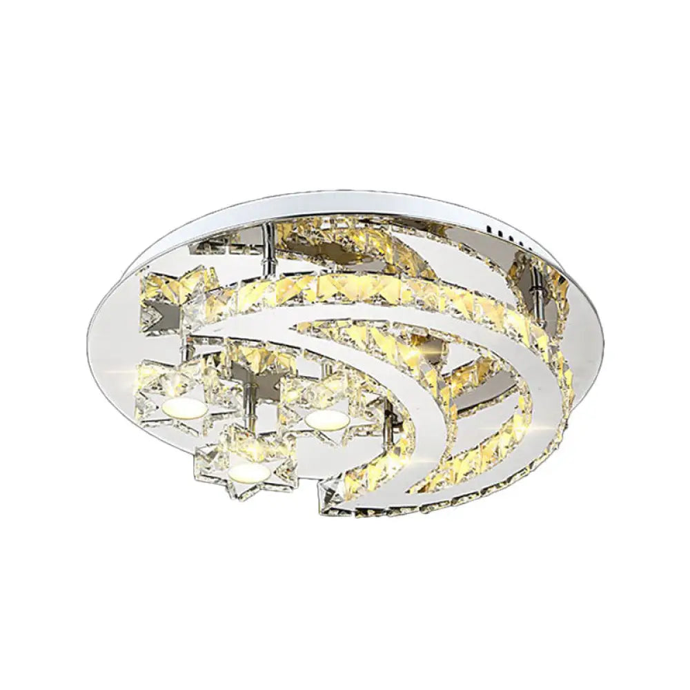 Contemporary Chrome Flush Light With Clear Crystal Moon And Star Design - Led Close To Ceiling Lamp