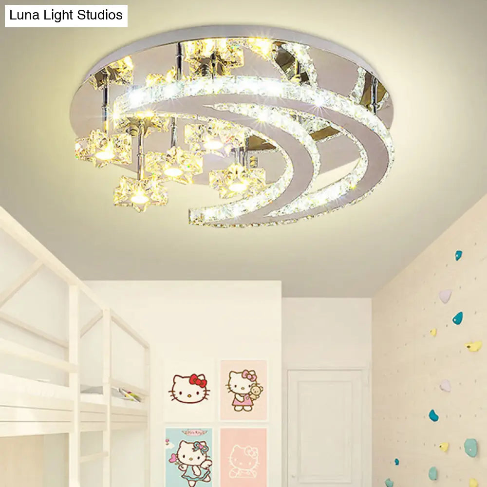 Contemporary Chrome Flush Light With Clear Crystal Moon And Star Design - Led Close To Ceiling Lamp