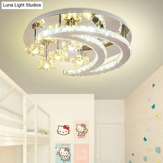 Contemporary Chrome Flush Light With Clear Crystal Moon And Star Design - Led Close To Ceiling Lamp