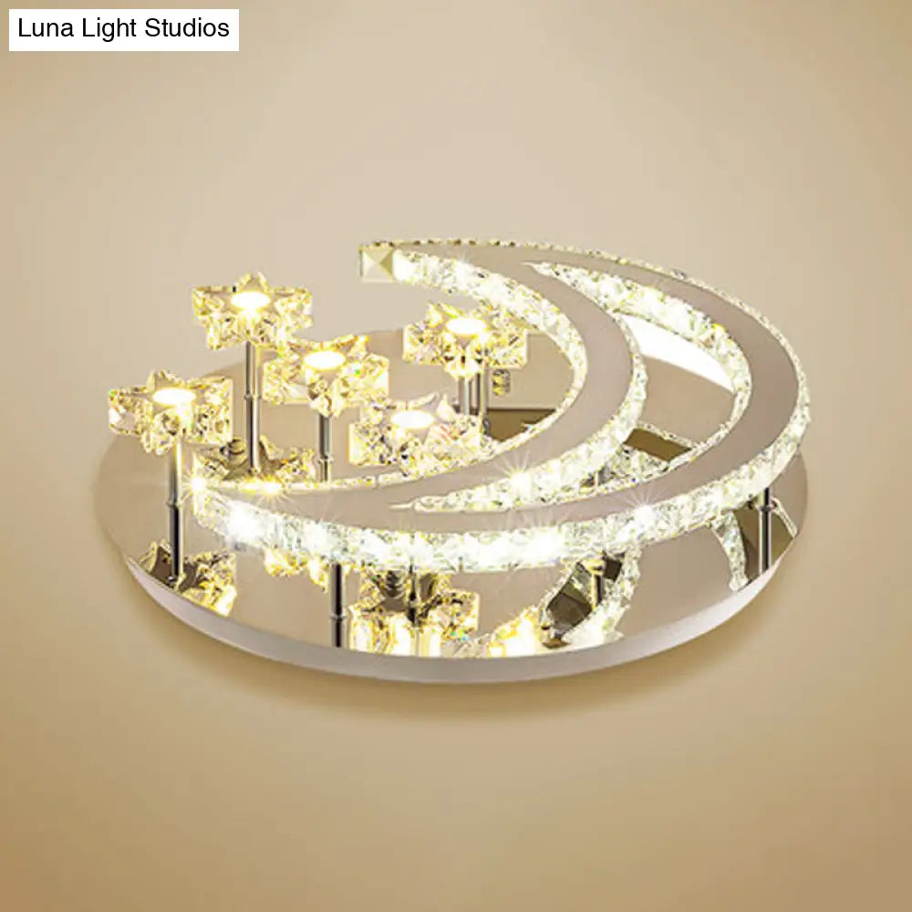 Contemporary Chrome Flush Light With Clear Crystal Moon And Star Design - Led Close To Ceiling Lamp