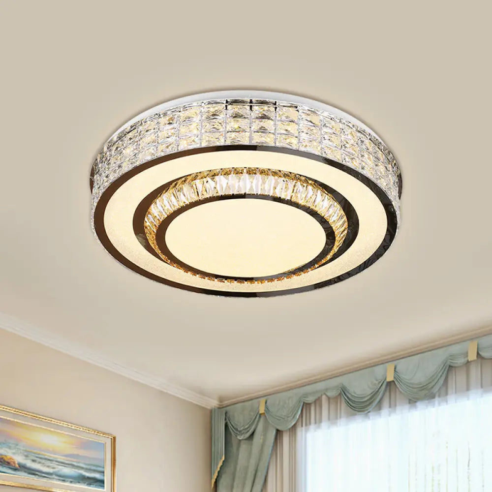 Contemporary Chrome Flush Mount Led Ceiling Fixture With Faceted Crystals