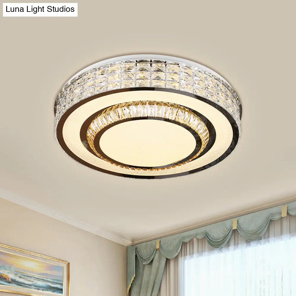 Contemporary Chrome Flush Mount Led Ceiling Fixture With Faceted Crystals