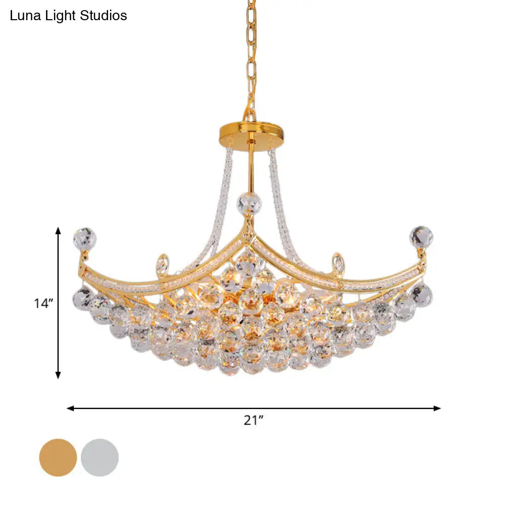 Contemporary Chrome/Gold Clear Crystal Balls Hanging Chandelier - 6-Bulb Cornice Frame Pendant