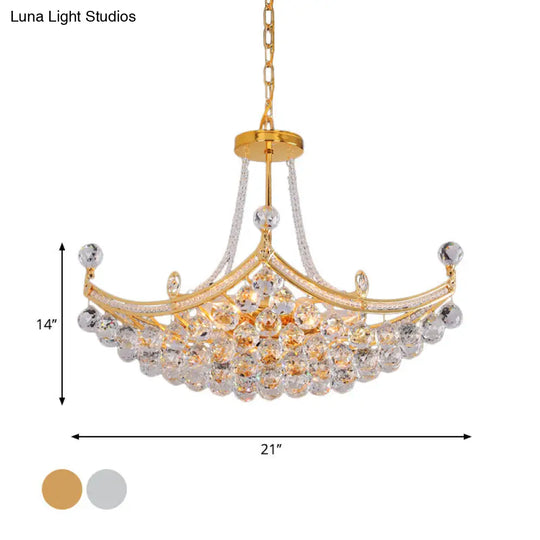 Contemporary Chrome/Gold Clear Crystal Balls Hanging Chandelier - 6-Bulb Cornice Frame Pendant