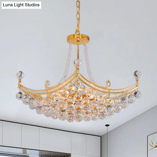 Contemporary Chrome/Gold Clear Crystal Balls Hanging Chandelier - 6-Bulb Cornice Frame Pendant Gold