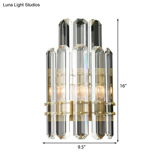 Contemporary Chrome/Gold Wall Sconce With Clear Crystal Prism - Elegant Bedside Mounted Lamp