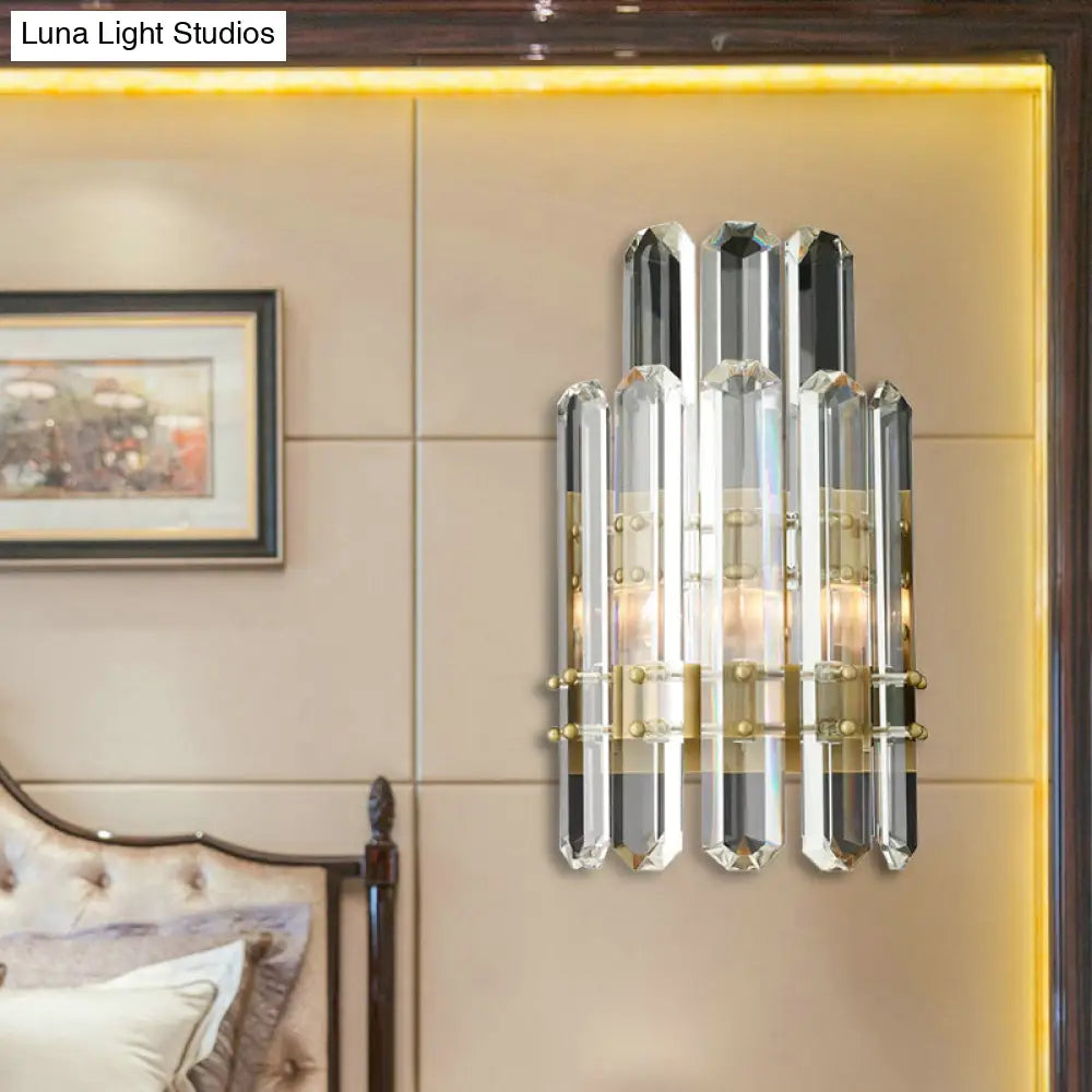 Contemporary Chrome/Gold Wall Sconce With Clear Crystal Prism - Elegant Bedside Mounted Lamp