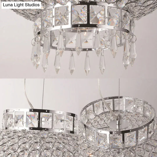 Contemporary Chrome Lantern Chandelier With Clear Crystal Beads - 4-Light Metal Hanging Light