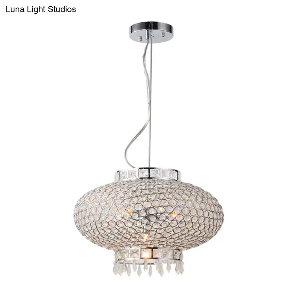 Contemporary Chrome Lantern Chandelier With Clear Crystal Beads - 4-Light Metal Hanging Light