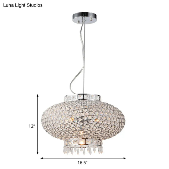 Contemporary Chrome Lantern Chandelier With Clear Crystal Beads - 4-Light Metal Hanging Light