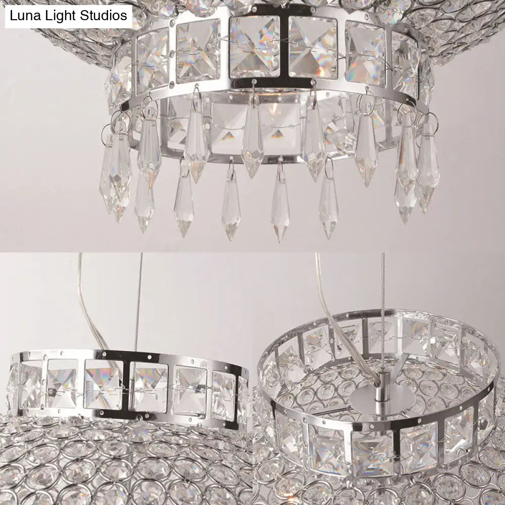 Contemporary Chrome Lantern Chandelier With Crystal Beads - 4-Light Hanging Fixture