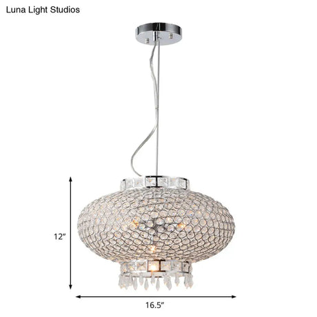 Contemporary Chrome Lantern Chandelier With Clear Crystal Beads - 4-Light Metal Hanging Light