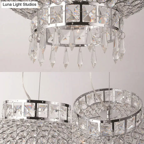 Contemporary Chrome Lantern Chandelier With Clear Crystal Beads - 4-Light Metal Hanging Light
