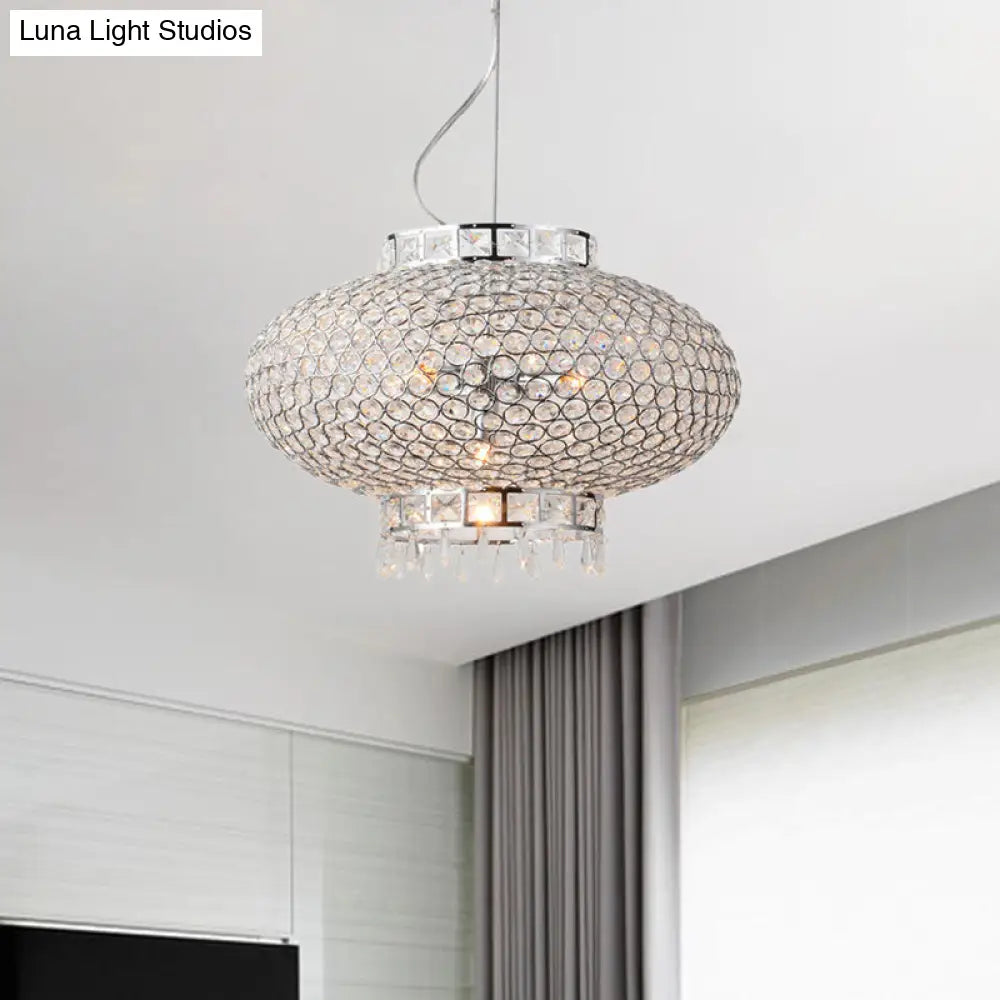 Contemporary Chrome Lantern Chandelier With Crystal Beads - 4-Light Hanging Fixture