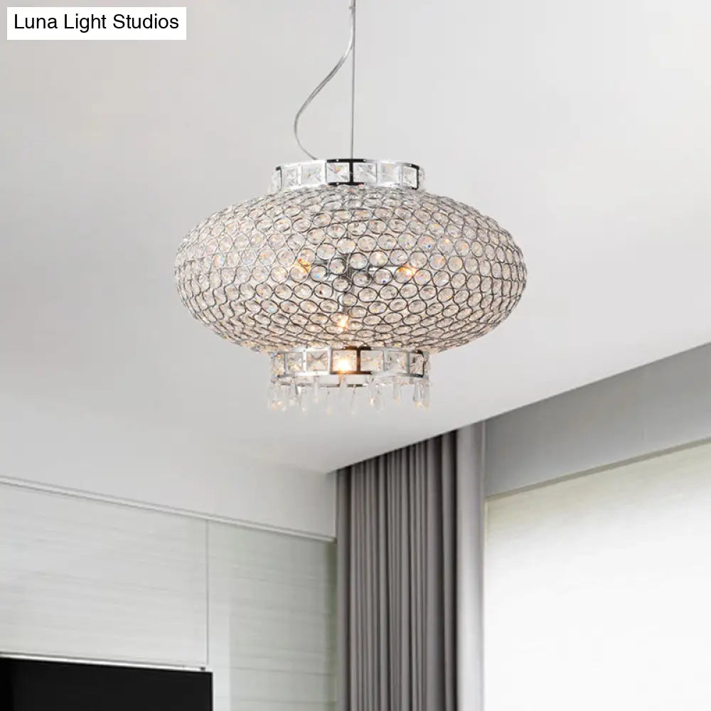 Contemporary Chrome Lantern Chandelier With Clear Crystal Beads - 4-Light Metal Hanging Light